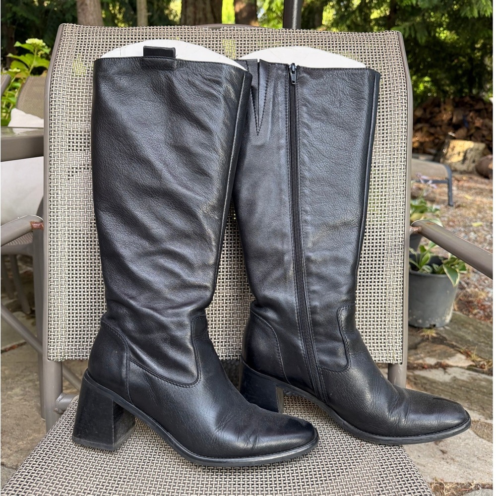 Coach and Four Lucca Leather Black Knee High Riding Boots, Block Heel, Like New